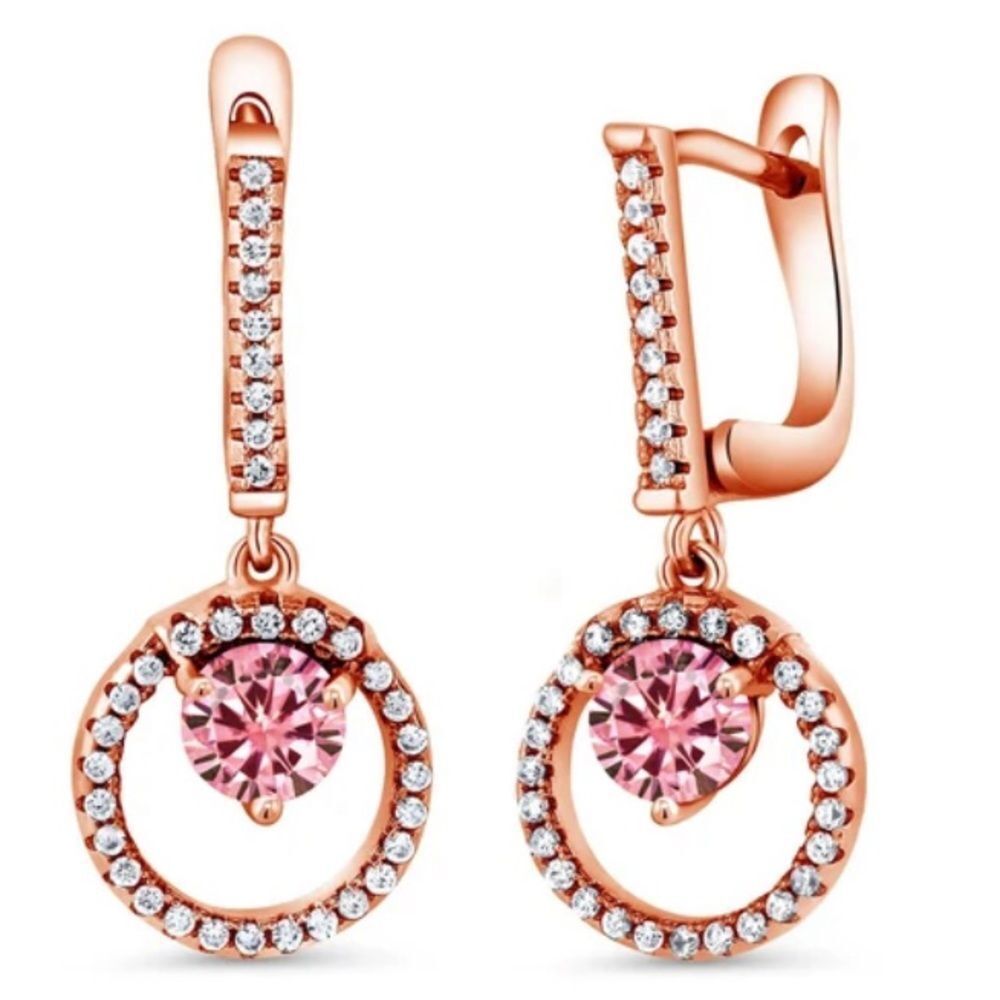 14k Pink Diamond Earrings Geometric Hoops Design